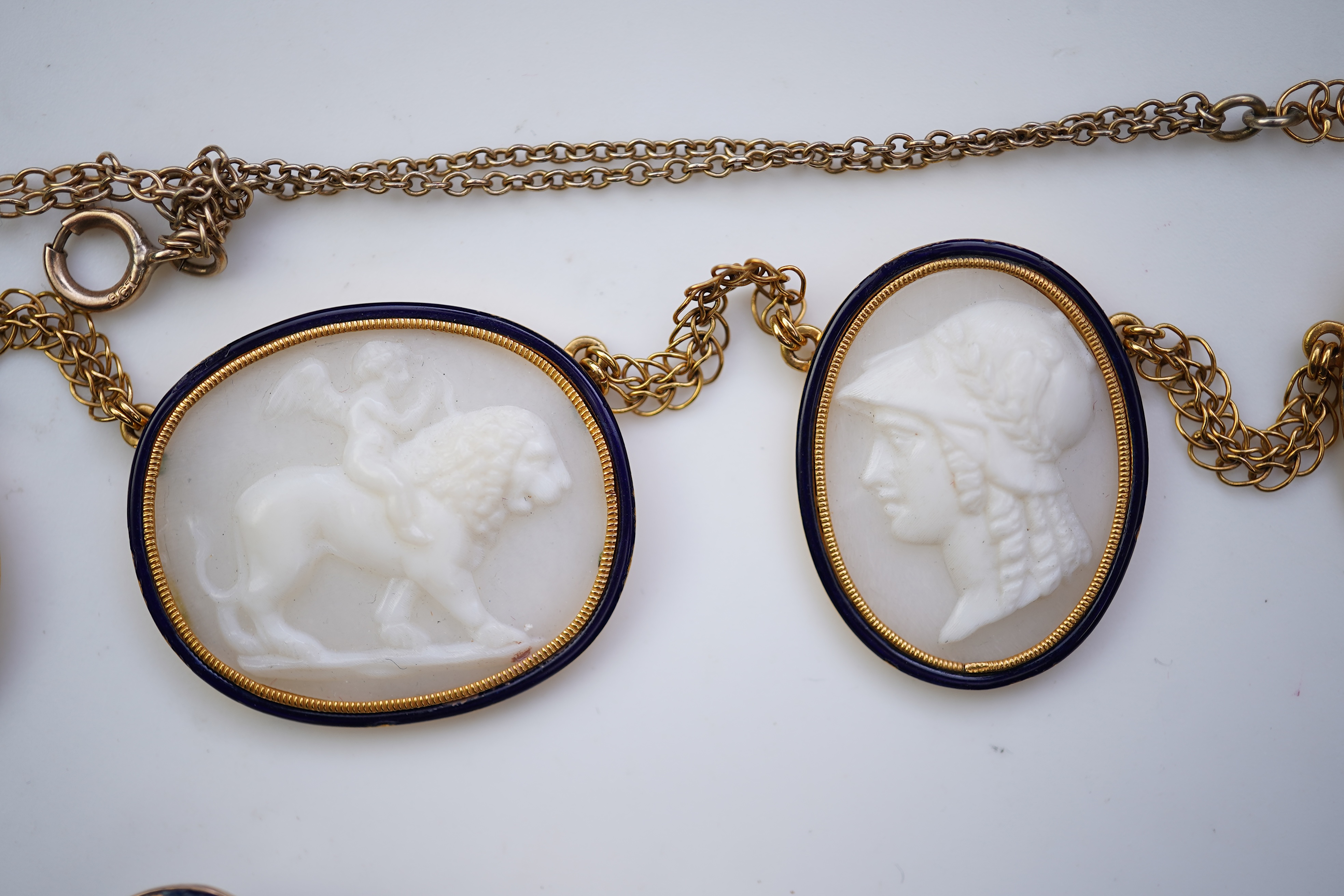 A rare early George III shell cameo and enamel brooch and necklace, early 19th century and later